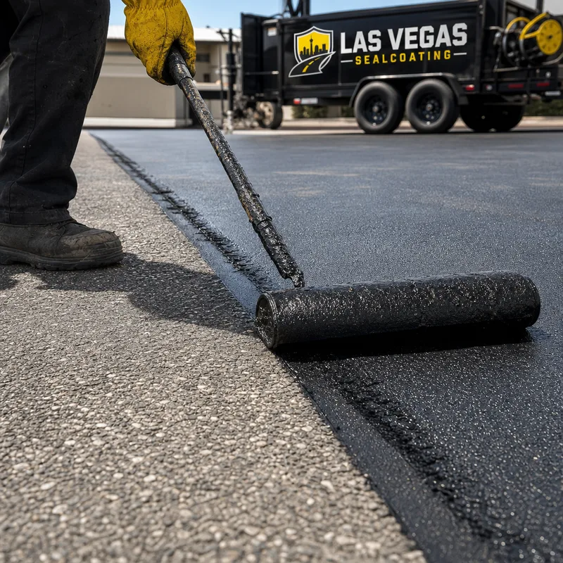 Close-up of a sawcut asphalt edge and clean longitudinal joint being tacked and rolled on a Las Vegas lot
