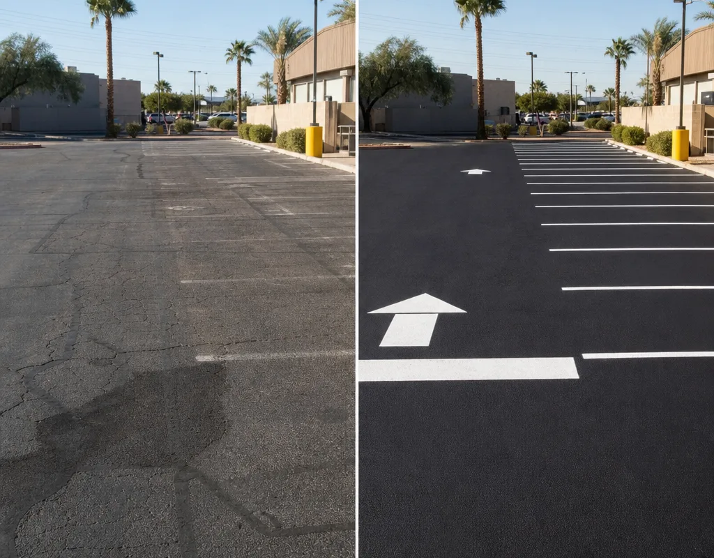 Faded commercial parking lot before and after restriping with white stalls, arrows, and stop bars