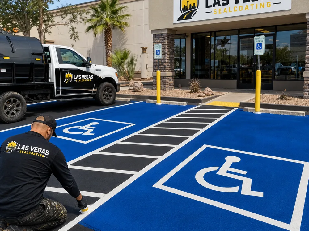 New blue accessible parking spaces with access aisles and a marked pedestrian route to a storefront