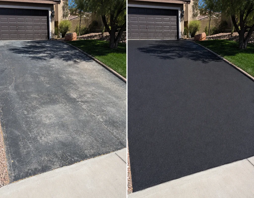 Before-and-after view of a faded Las Vegas asphalt driveway restored to a uniform dark finish with clean sidewalk edges
