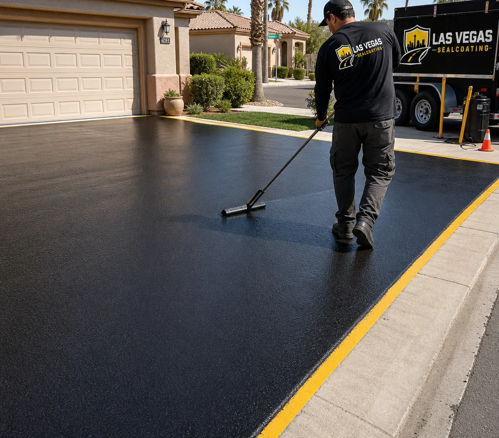 Residential asphalt driveway in Las Vegas being sealcoated with a spray wand and back-brushed, with clean masked edges at the garage and sidewalk