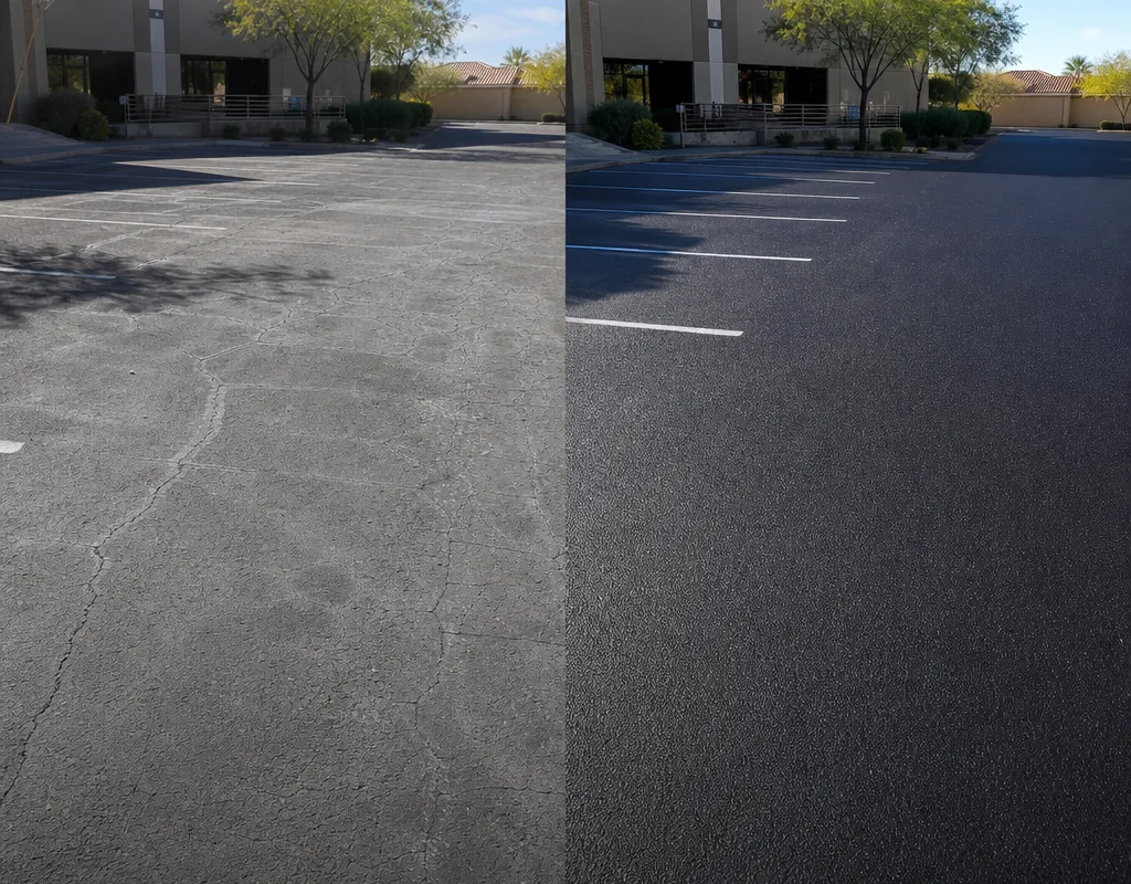 Before-and-after comparison of a Las Vegas commercial lot with oxidized gray asphalt and a freshly sealcoated black surface