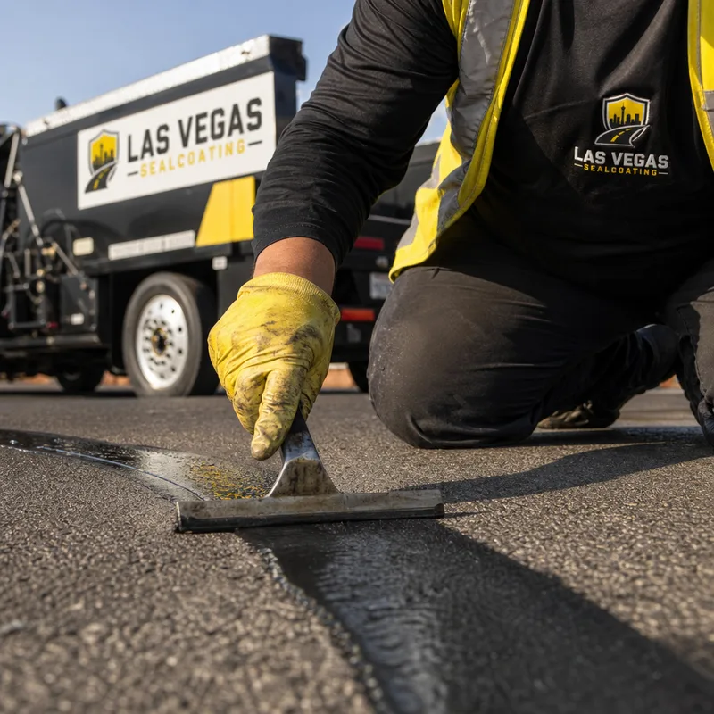 Close-up of a properly filled asphalt crack with clean edges and a smooth overband before sealcoating