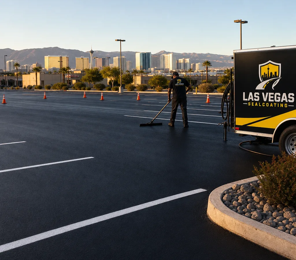 Commercial parking lot in Las Vegas during early morning with fresh sealcoat curing, safety cones, a smooth black surface, and clean stall lines