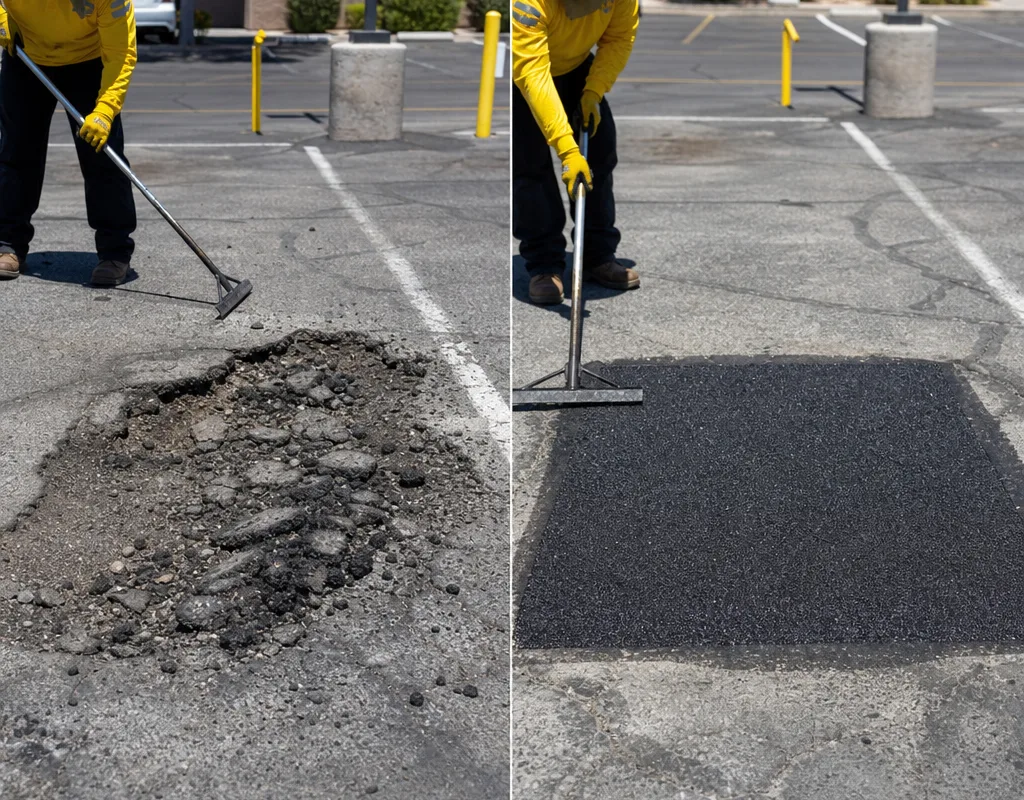 Before-and-after pair of a broken parking lot pothole and a square-cut patch compacted flush with surrounding pavement
